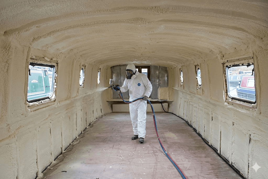 Technician applying spray foam insulation inside a boat cabin