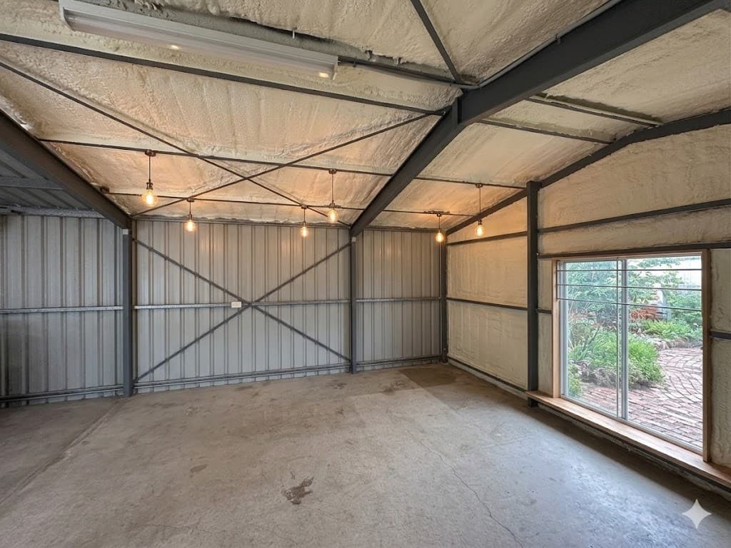 Insulated shed interior showing spray foam insulation on roof and walls