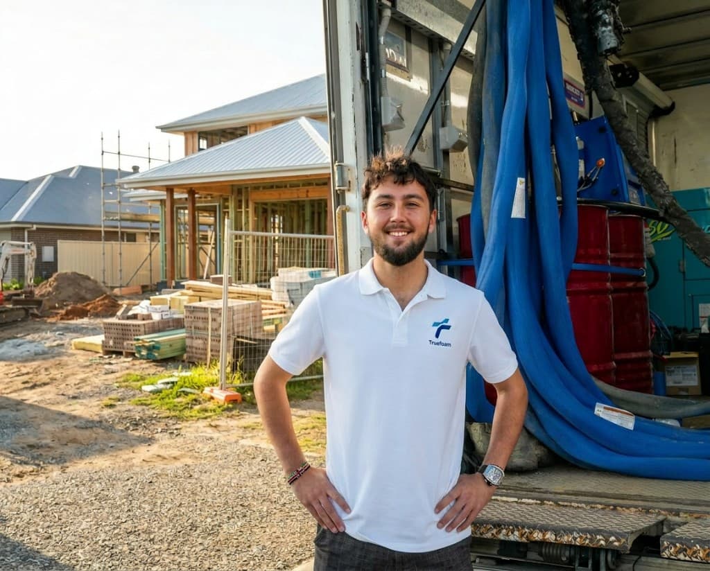 Truefoam professional standing in front of a service truck at a residential construction site