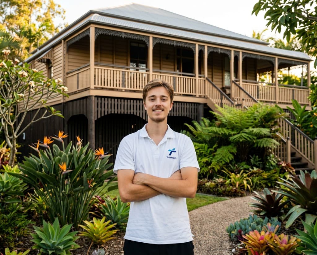 Smiling Truefoam representative in front of a Queenslander-style home with tropical landscaping